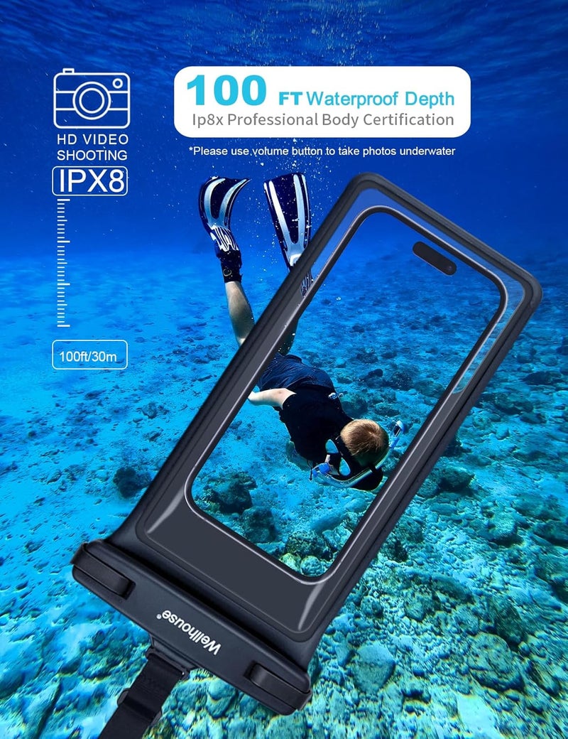 Wellhouse Waterproof Phone Pouch, Waterproof Phone Case for iPhone 16 15 14 13 12 Pro Max XS Samsung, IPX8 3D Cellphone Dry Bag Beach Essentials (1 Pack - Black8.0, 8 inch) - Image 2